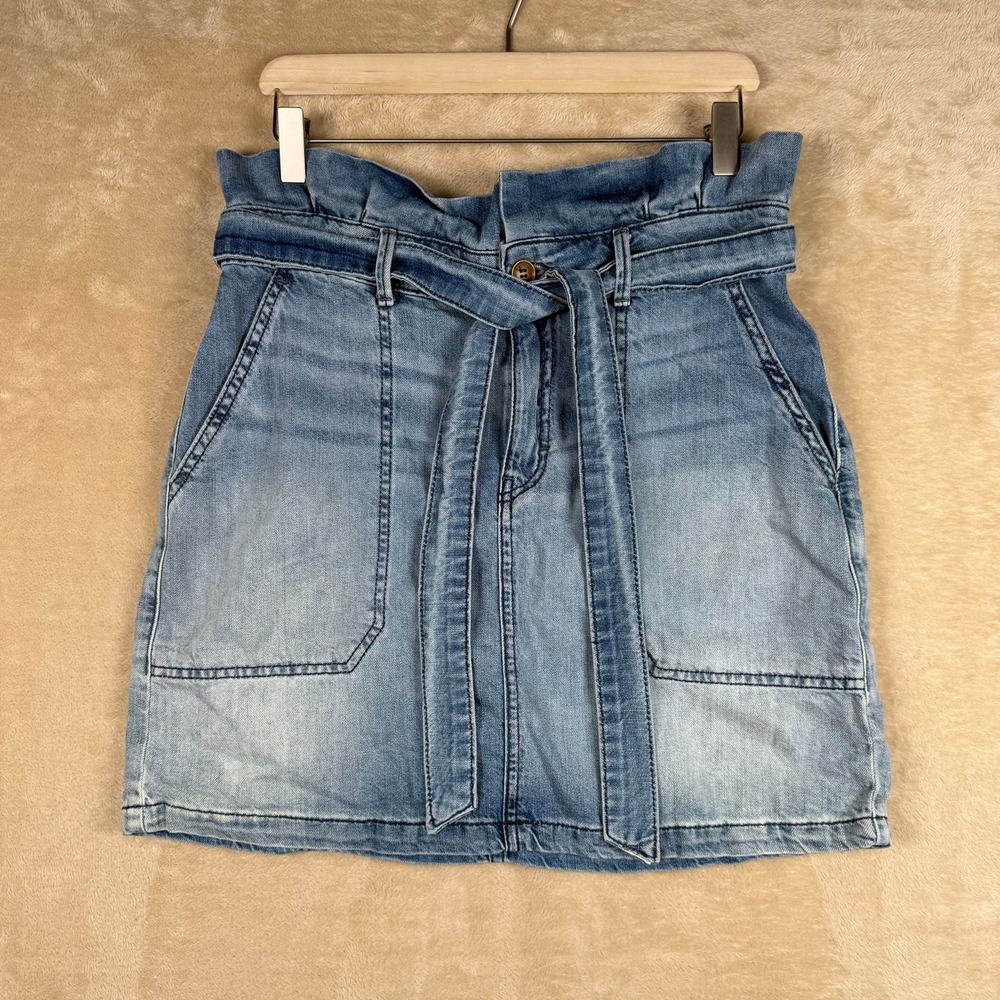 Free People Womens Sz 10 Paperbag Waist Denim Mini Skirt Light Wash Blue‎ Belted